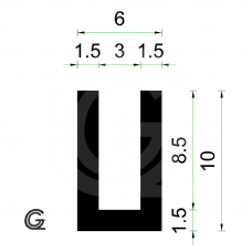 Rubber U Profile | inside size 3 mm | height 10 mm | thickness 1,5 mm | Per Meter